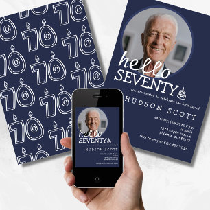70th Birthday Party Mens Photo Seventy Navy Blue Invitation