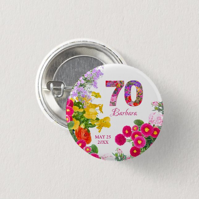 70th birthday party modern colourful floral button (Front & Back)
