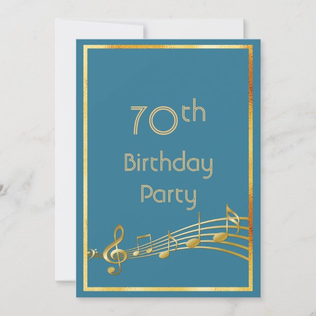70th birthday party music notes teal blue green invitation (Front)