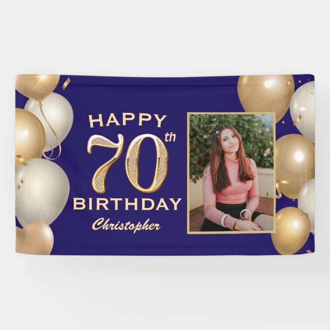 70th Birthday Party Navy Blue and Gold Balloons Banner (Horizontal)
