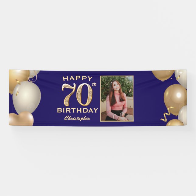 70th Birthday Party Navy Blue and Gold Balloons Banner (Horizontal)