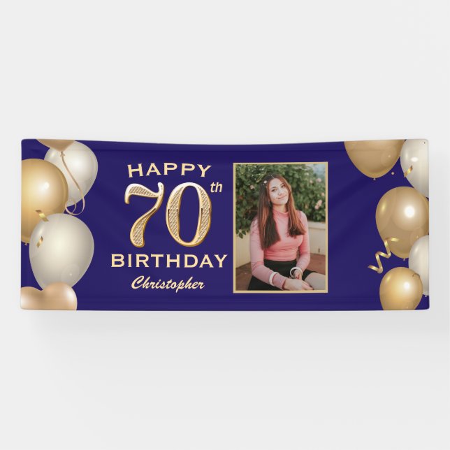 70th Birthday Party Navy Blue and Gold Balloons Banner (Horizontal)