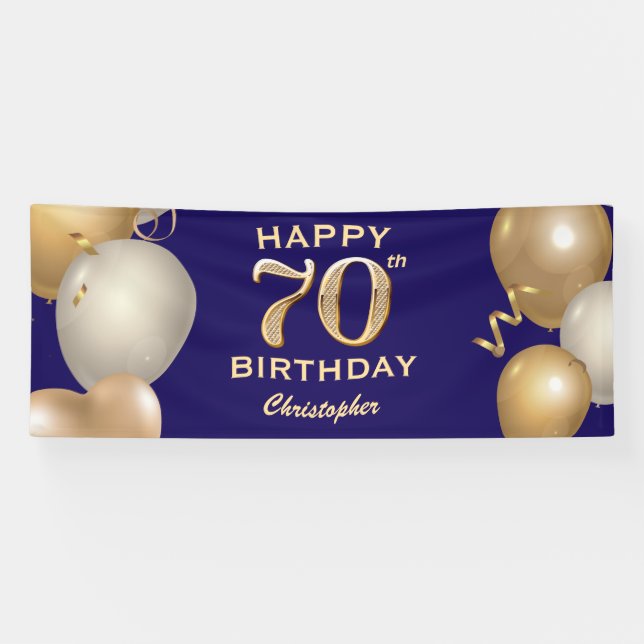 70th Birthday Party Navy Blue and Gold Balloons Banner (Horizontal)
