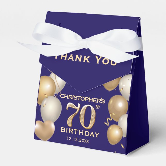 70th Birthday Party Navy Blue and Gold Balloons Favour Box (Front Side)