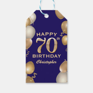 70th Birthday Party Navy Blue and Gold Balloons Gift Tags