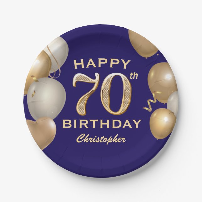 70th Birthday Party Navy Blue and Gold Balloons Paper Plate (Front)