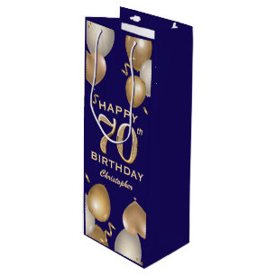 70th Birthday Party Navy Blue and Gold Balloons Wine Gift Bag