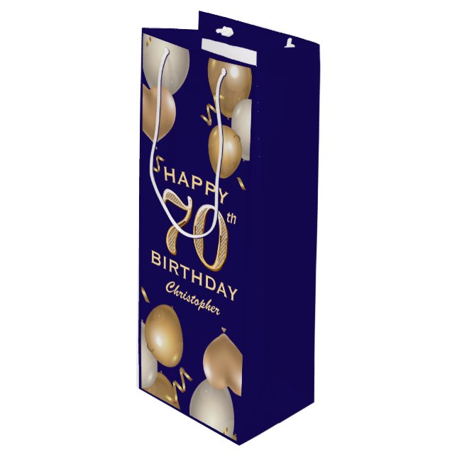 70th Birthday Party Navy Blue and Gold Balloons Wine Gift Bag (Front Angled)