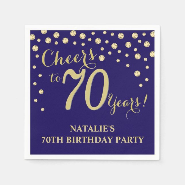 70th Birthday Party Navy Blue and Gold Diamond Napkin (Front)