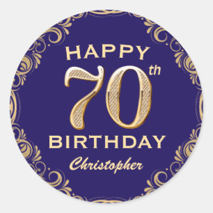 70th Birthday Party Navy Blue and Gold Glitter Classic Round Sticker