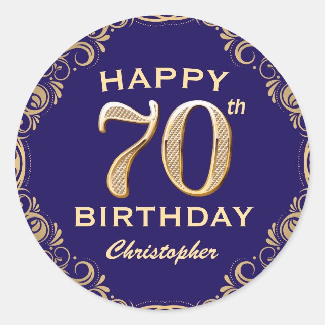 70th Birthday Party Navy Blue and Gold Glitter Classic Round Sticker (Front)