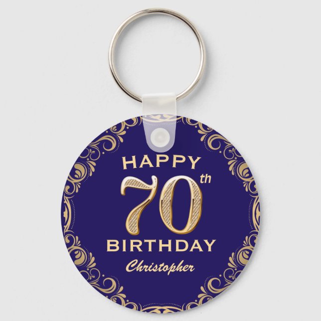 70th Birthday Party Navy Blue and Gold Glitter Key Ring (Front)