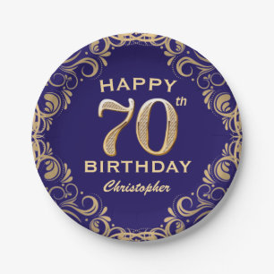 70th Birthday Party Navy Blue and Gold Glitter Paper Plate