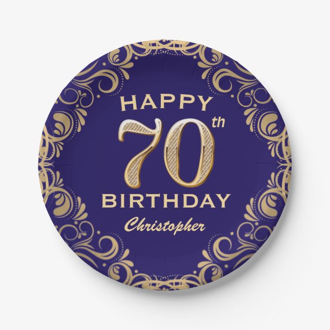 70th Birthday Party Navy Blue and Gold Glitter Paper Plate (Front)
