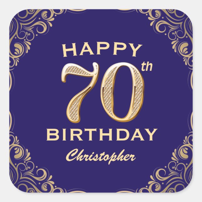 70th Birthday Party Navy Blue and Gold Glitter Square Sticker (Front)