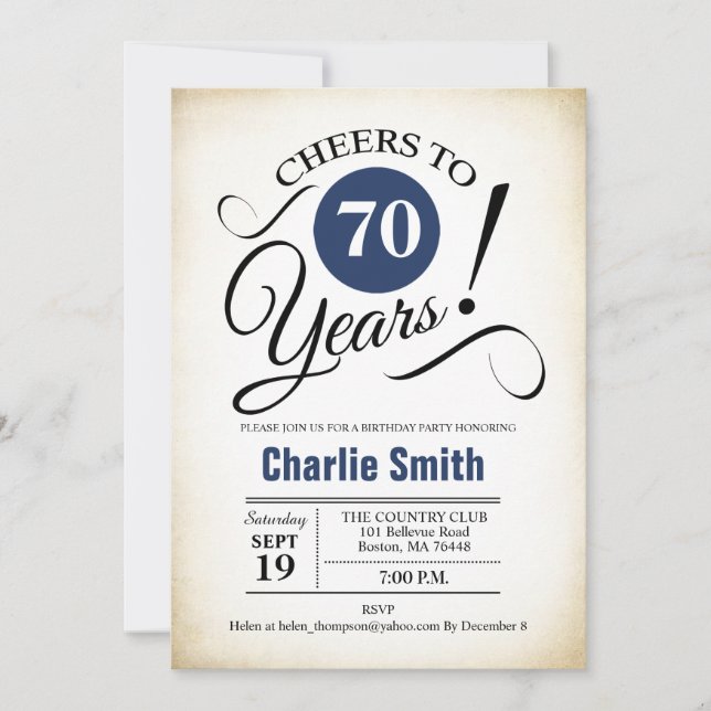 70th Birthday Party - Navy Blue Black White Invitation (Front)