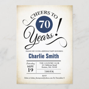 70th Birthday Party - Navy Blue Black White Invitation