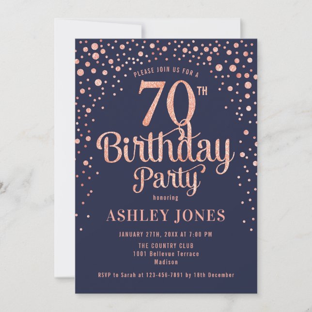 70th Birthday Party - Navy & Rose Gold Invitation (Front)