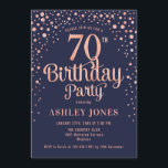 70th Birthday Party - Navy & Rose Gold Invitation<br><div class="desc">70th Birthday Party Invitation.
Elegant design in navy blue and faux glitter rose gold. Features stylish script font and confetti. Message me if you need custom age.</div>