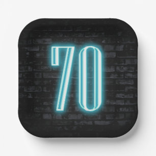 70th Birthday Party Neon Sign on Brick  Paper Plate