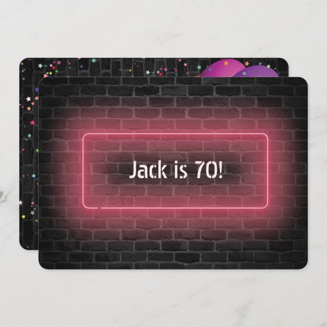 70th Birthday Party Neon sign on wall Invitation (Front/Back)