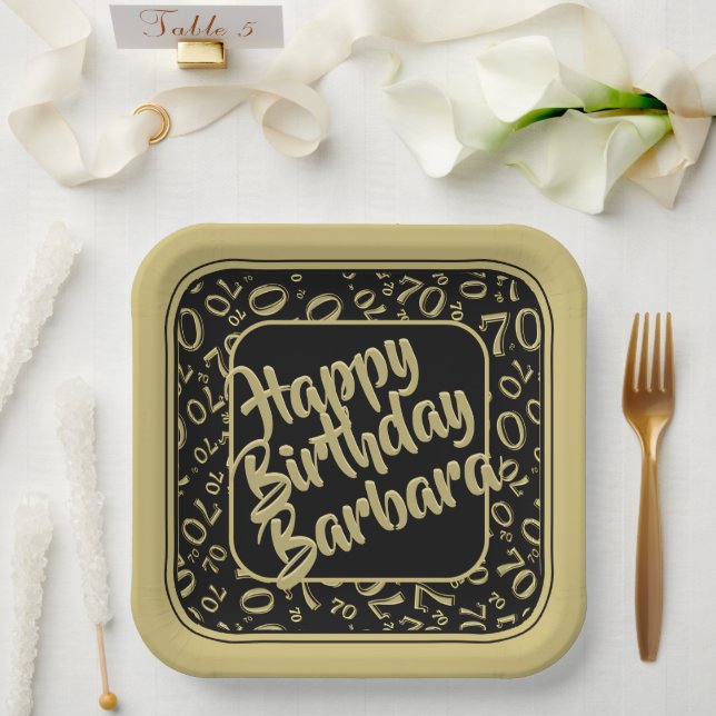 70th Birthday Party Number Pattern Black Gold Paper Plate (Wedding)