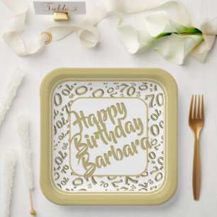 70th Birthday Party Number Pattern Gold White Paper Plate