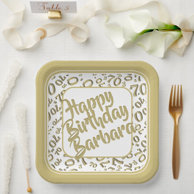 70th Birthday Party Number Pattern Gold White Paper Plate (Wedding)