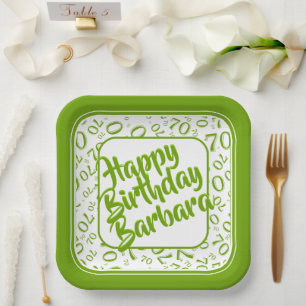 70th Birthday Party Number Pattern Green White Paper Plate