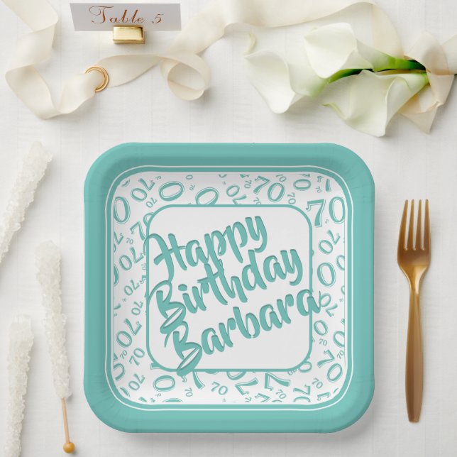 70th Birthday Party Number Pattern Teal White Paper Plate (Wedding)