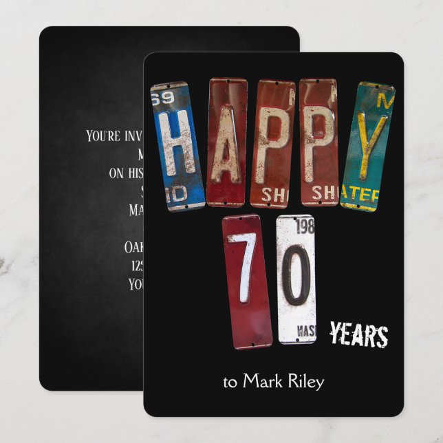 70th birthday party-old license plates invitation (Front/Back)