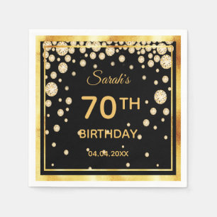 70th birthday party on black with golden diamonds napkin