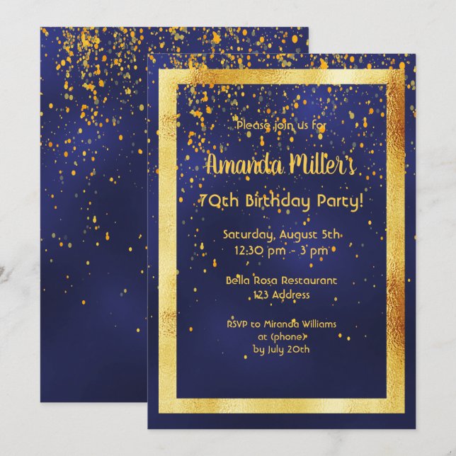 70th birthday party on midnight blue gold frame invitation (Front/Back)