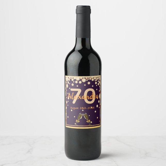 70th birthday party on purple gold diamonds wine label (Front)