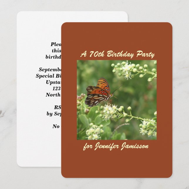 70th Birthday Party Orange Butterfly Invitation (Front/Back)