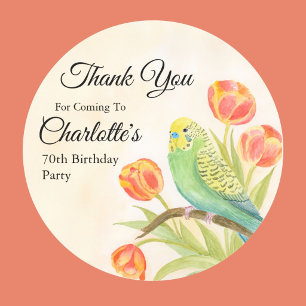 70th Birthday Party Parakeet with Tulips  Classic Round Sticker