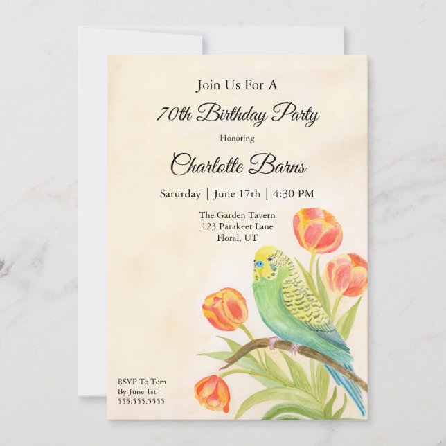 70th Birthday Party Parakeet with Tulips  Invitation (Front)