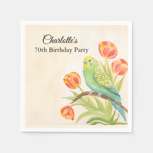 70th Birthday Party Parakeet with Tulips  Napkin (Front)