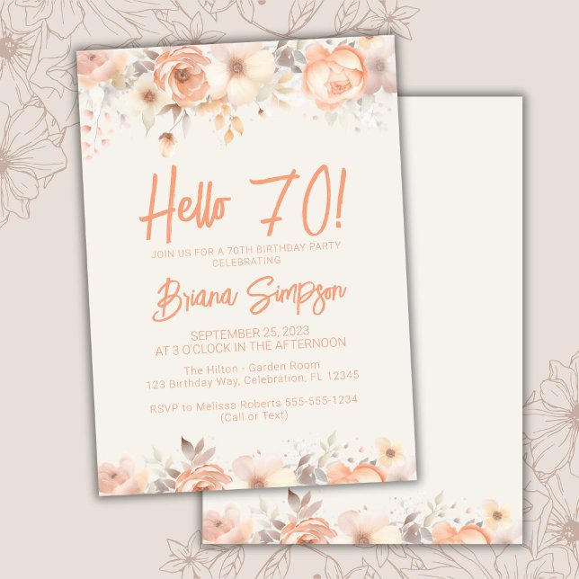 70th Birthday Party Peach Beige Ivory Floral Invitation (Creator Uploaded)