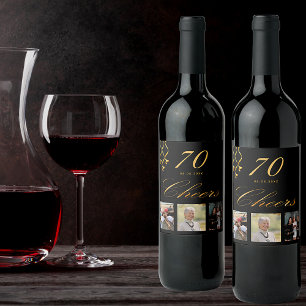 70th birthday party photo black gold cheers script wine label