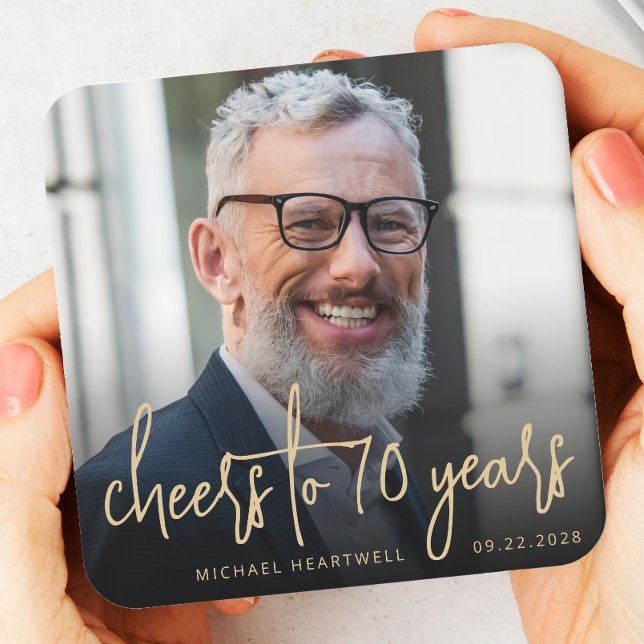 70th Birthday Party Photo Cheers Gold Script Square Paper Coaster (Creator Uploaded)