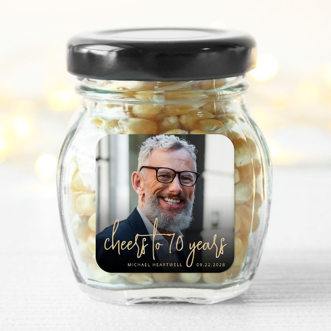 70th Birthday Party Photo Cheers Gold Script Square Sticker (Creator Uploaded)