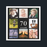 70th birthday party photo collage black napkin<br><div class="desc">A paper napkin for a 70th birthday party for a guy,  celebrating his life with a collage of 8 of your own photos.  Templates for the age 70 and a date.  Date of birth or the date of the party.  White coloured letters.  Black background.</div>