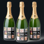 70th birthday party photo collage black sparkling wine label<br><div class="desc">A bottle label for a 70th birthday party,  celebrating her life with a collage of 8 of your photos.  Templates for a name,  age 70 and a date.  Date of birth or the date of the party.  White and grey coloured letters.  Elegant black background.</div>
