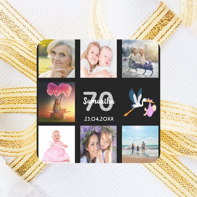 70th birthday party photo collage black square sticker (Creator Uploaded)
