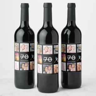 70th birthday party photo collage black wine label