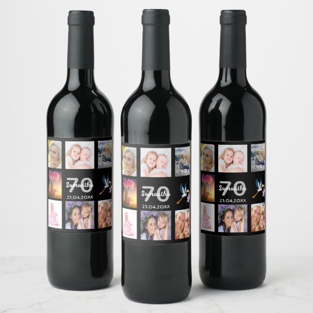 70th birthday party photo collage black wine label (Bottles)