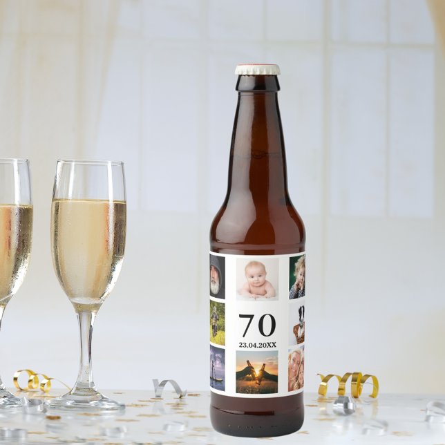 70th birthday party photo collage guy beer bottle label (Creator Uploaded)