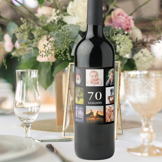 70th birthday party photo collage guy black wine label (Creator Uploaded)
