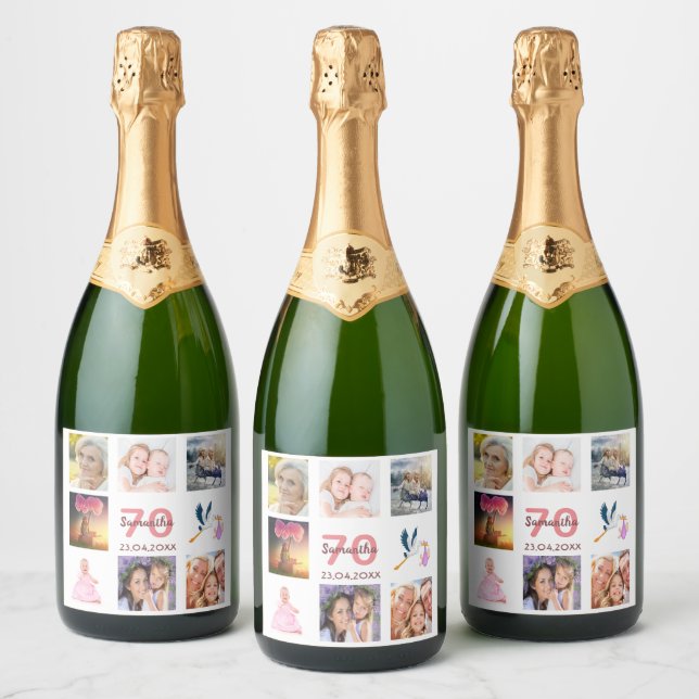 70th birthday party photo collage sparkling wine label (Bottles)